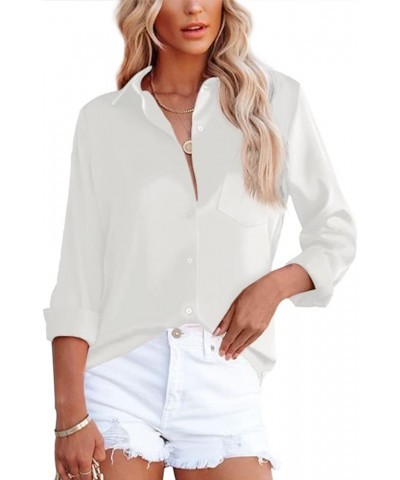 Womens Button Down Shirts V Neck Satin Casual Long/Short Sleeve Plain Blouses Office Work Tops with Pocket White $9.35 Blouses