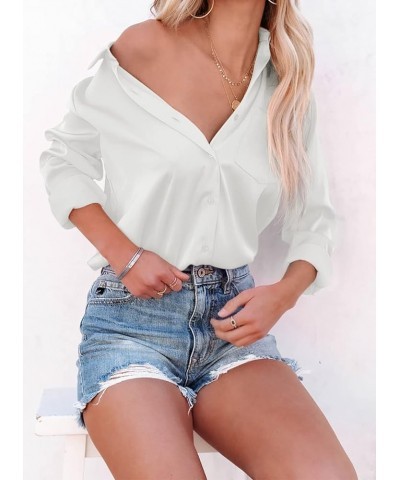 Womens Button Down Shirts V Neck Satin Casual Long/Short Sleeve Plain Blouses Office Work Tops with Pocket White $9.35 Blouses