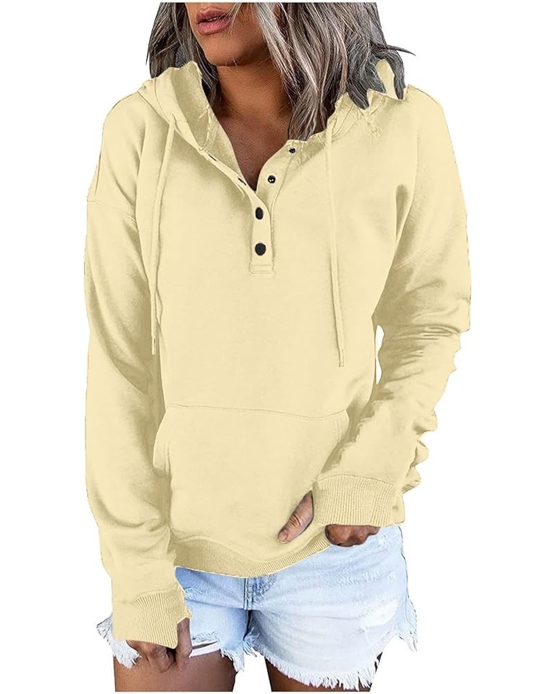 Women's Fashion Hoodies Drawstring Long Sleeve Half Button Sweatshirts Oversized Fleece Pullover Top with Thumb Hole A-beige ...