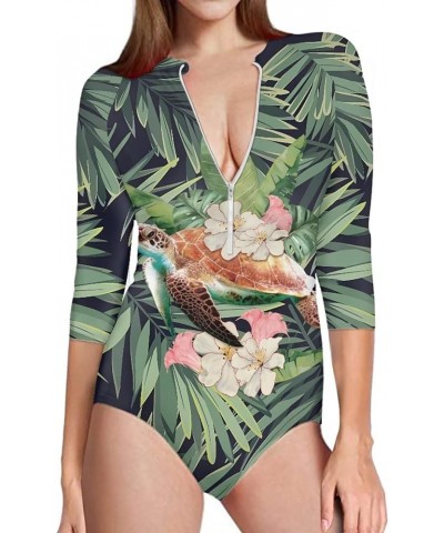 Womens One Piece Swimsuit Zip Front Printed 3/4 Short Sleeve Rash Guard UPF 50++ Sun Protection Swimwear Sea Turtle Palm Tree...