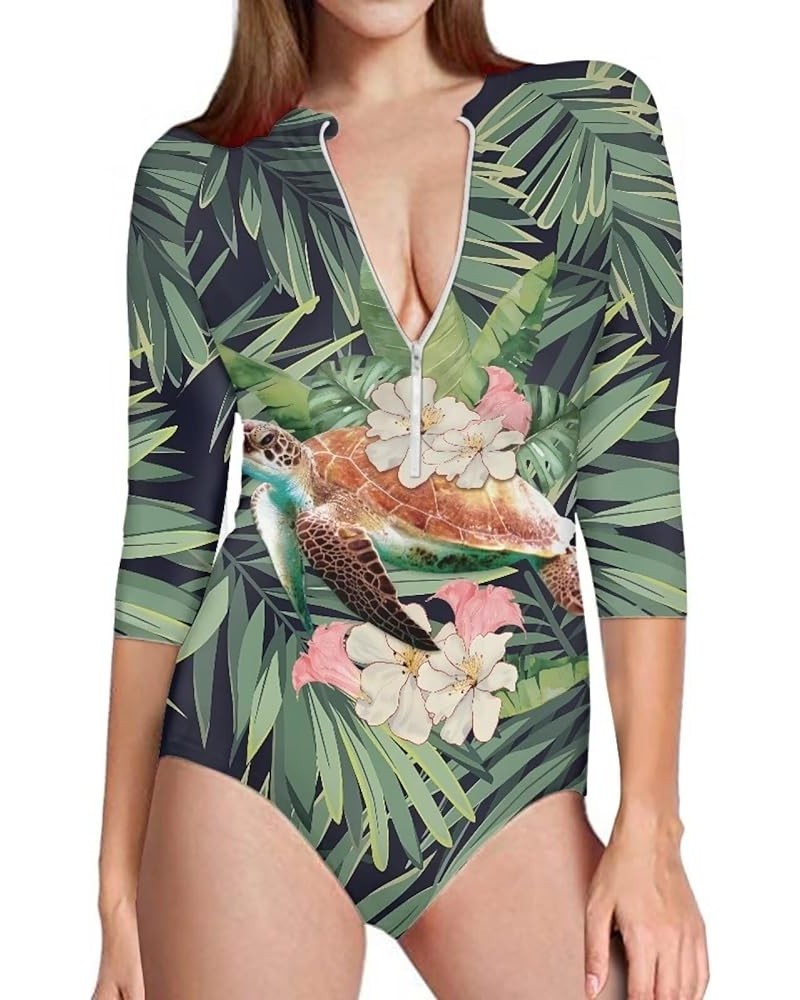 Womens One Piece Swimsuit Zip Front Printed 3/4 Short Sleeve Rash Guard UPF 50++ Sun Protection Swimwear Sea Turtle Palm Tree...