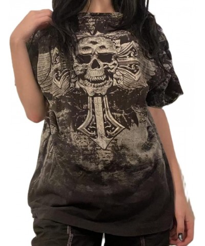 Women Y2K Gothic Short Sleeve T-Shirt Skull Print Oversized Round Neck Tee Vintage Grunge Shirts Harajuku G-white Print $10.0...