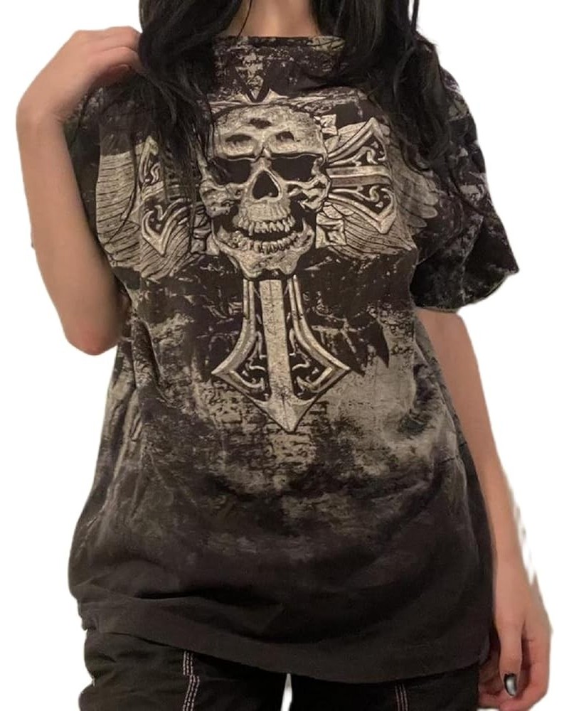 Women Y2K Gothic Short Sleeve T-Shirt Skull Print Oversized Round Neck Tee Vintage Grunge Shirts Harajuku G-white Print $10.0...