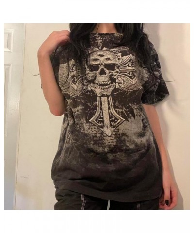 Women Y2K Gothic Short Sleeve T-Shirt Skull Print Oversized Round Neck Tee Vintage Grunge Shirts Harajuku G-white Print $10.0...