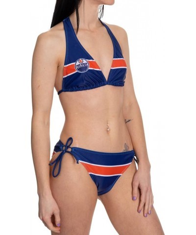 NHL Womens Striped Team Logo Two Piece Adjustable Halter Bikini Bathing Suit Edmonton Oilers $9.99 Swimsuits