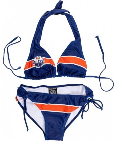 NHL Womens Striped Team Logo Two Piece Adjustable Halter Bikini Bathing Suit Edmonton Oilers $9.99 Swimsuits