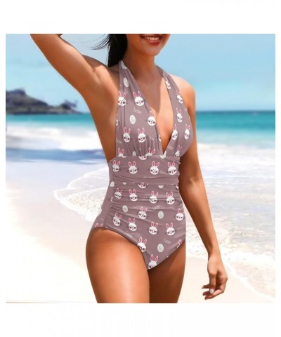 Women V Neck One Piece Swimsuit Halter Ruched Tummy Control Bathing Suit Backless Swimwear Easter Rabbits $15.50 Swimsuits