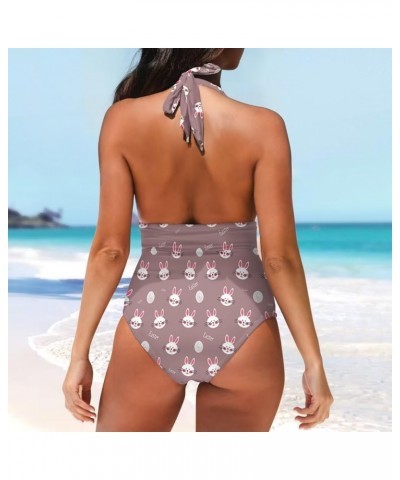 Women V Neck One Piece Swimsuit Halter Ruched Tummy Control Bathing Suit Backless Swimwear Easter Rabbits $15.50 Swimsuits