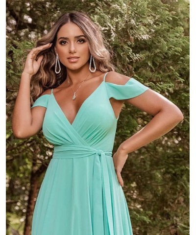 Off Shoulder Bridesmaid Dresses 2023 for Women Long Chiffon V Neck Formal Evening Gown with Slit RQ04 Teal $28.01 Dresses