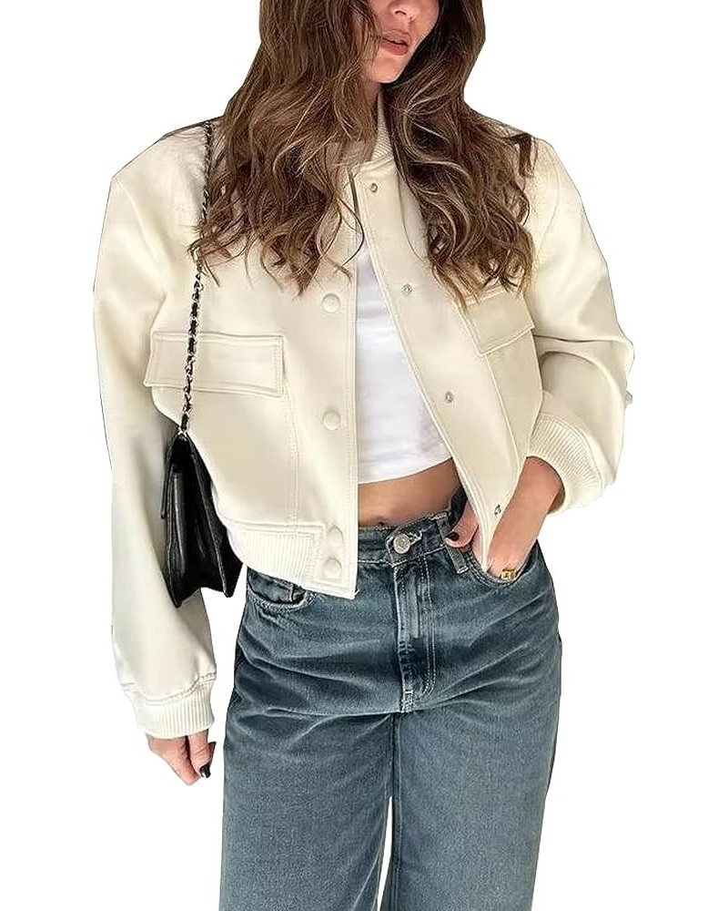 Womens Cropped Bomber Jacket Button Down Casual Varsity Jacket with Pockets Outerwear Fashion Coat Beige $16.65 Jackets