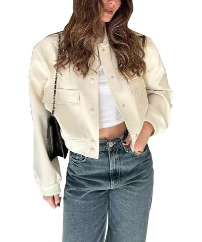 Womens Cropped Bomber Jacket Button Down Casual Varsity Jacket with Pockets Outerwear Fashion Coat Beige $16.65 Jackets