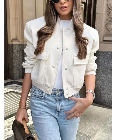 Womens Cropped Bomber Jacket Button Down Casual Varsity Jacket with Pockets Outerwear Fashion Coat Beige $16.65 Jackets