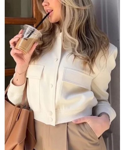 Womens Cropped Bomber Jacket Button Down Casual Varsity Jacket with Pockets Outerwear Fashion Coat Beige $16.65 Jackets