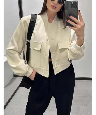 Womens Cropped Bomber Jacket Button Down Casual Varsity Jacket with Pockets Outerwear Fashion Coat Beige $16.65 Jackets