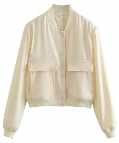 Womens Cropped Bomber Jacket Button Down Casual Varsity Jacket with Pockets Outerwear Fashion Coat Beige $16.65 Jackets