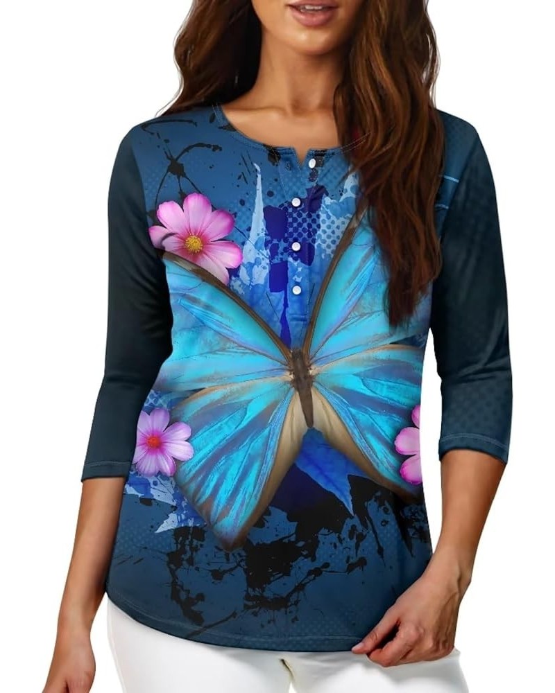 Womens Tops Fashion Tees Blouses Button Pullover Sweatshirt Henley Shirts 3/4 Sleeve Clothing Blue Butterfly Maple Leaf $14.2...