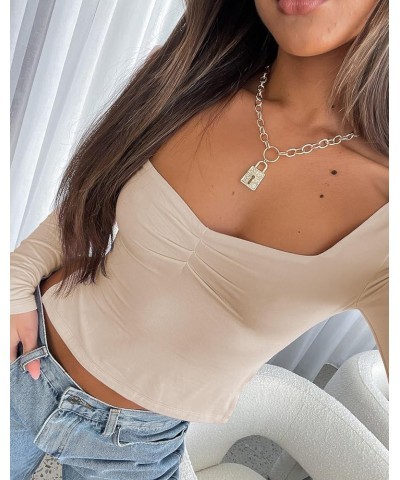 Women Sweetheart Neck Long Sleeve Crop Tops Y2k Going Out Slim Fit Shirt Top Slit Pleated Bustier Cropped Fall T-Shirt C Khak...