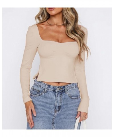 Women Sweetheart Neck Long Sleeve Crop Tops Y2k Going Out Slim Fit Shirt Top Slit Pleated Bustier Cropped Fall T-Shirt C Khak...