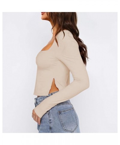 Women Sweetheart Neck Long Sleeve Crop Tops Y2k Going Out Slim Fit Shirt Top Slit Pleated Bustier Cropped Fall T-Shirt C Khak...