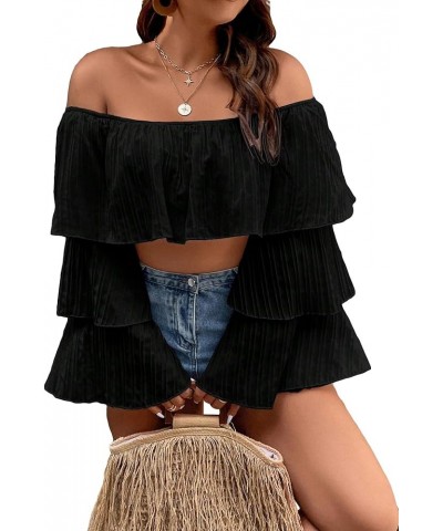 Women's Plus Size Off The Shoulder Ruffle Layered Long Sleeve Crop Top Blouse Plain Black $12.90 Blouses