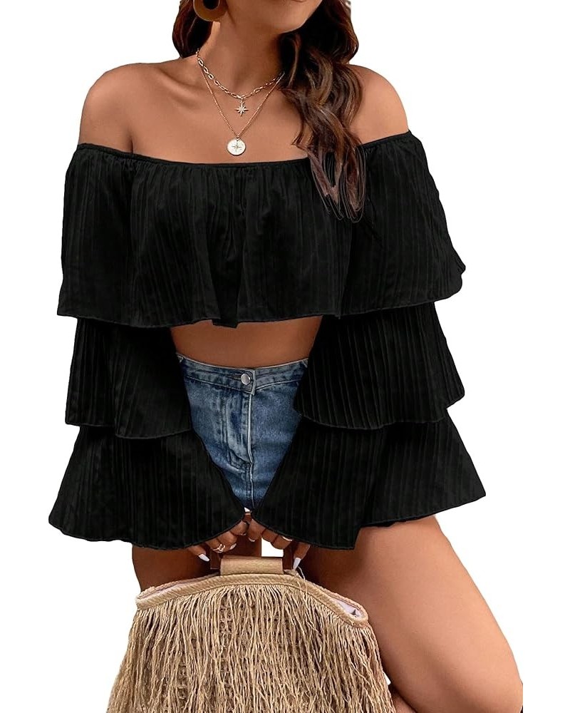 Women's Plus Size Off The Shoulder Ruffle Layered Long Sleeve Crop Top Blouse Plain Black $12.90 Blouses