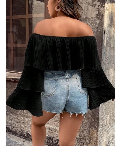 Women's Plus Size Off The Shoulder Ruffle Layered Long Sleeve Crop Top Blouse Plain Black $12.90 Blouses