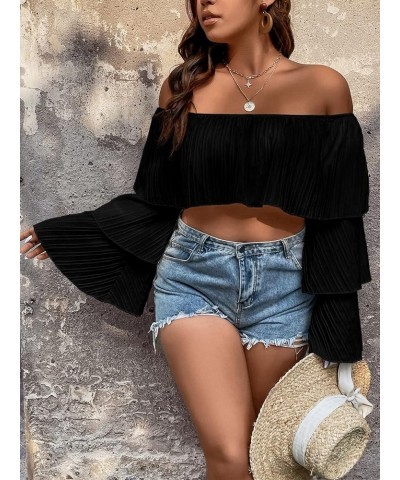 Women's Plus Size Off The Shoulder Ruffle Layered Long Sleeve Crop Top Blouse Plain Black $12.90 Blouses