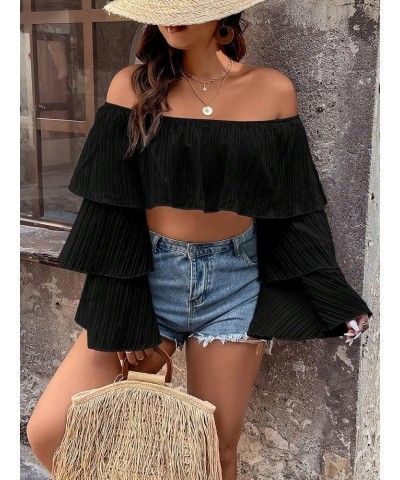 Women's Plus Size Off The Shoulder Ruffle Layered Long Sleeve Crop Top Blouse Plain Black $12.90 Blouses