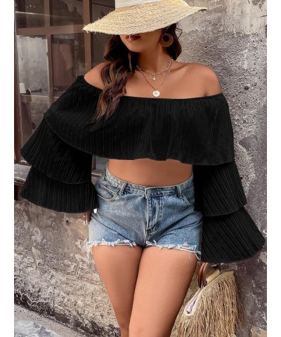 Women's Plus Size Off The Shoulder Ruffle Layered Long Sleeve Crop Top Blouse Plain Black $12.90 Blouses