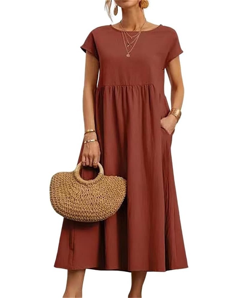 Womens Cotton Linen Short Sleeve Casual Loose Crew Neck Beach Dress with Pockets A-orange $15.53 Dresses