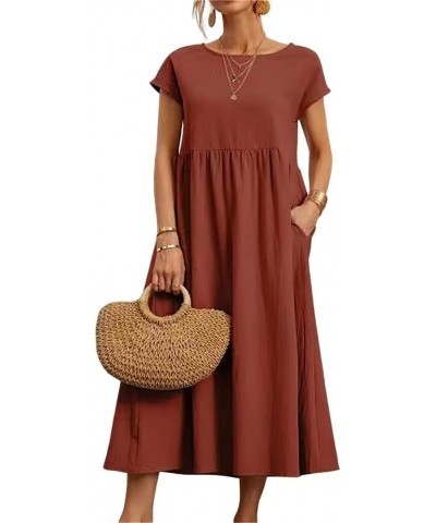 Womens Cotton Linen Short Sleeve Casual Loose Crew Neck Beach Dress with Pockets A-orange $15.53 Dresses