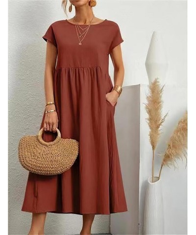 Womens Cotton Linen Short Sleeve Casual Loose Crew Neck Beach Dress with Pockets A-orange $15.53 Dresses