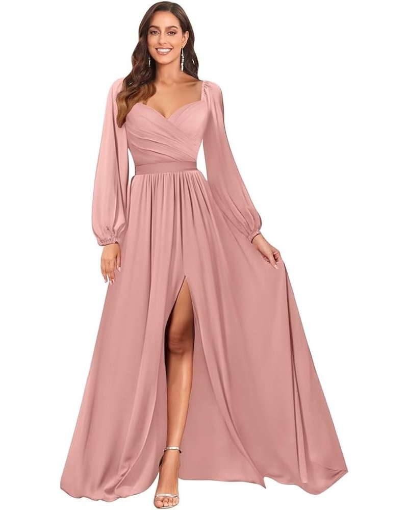 Long Sleeve Bridesmaid Dresses with Slit for Women Sweetheart Ruched Chiffon Formal Gown Dusty Rose $32.99 Dresses