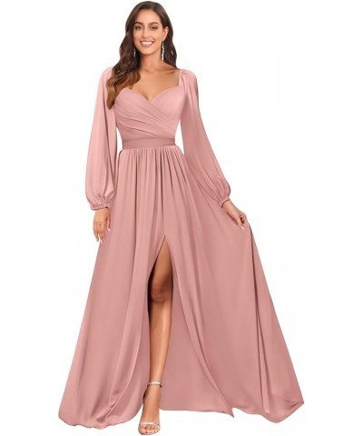 Long Sleeve Bridesmaid Dresses with Slit for Women Sweetheart Ruched Chiffon Formal Gown Dusty Rose $32.99 Dresses