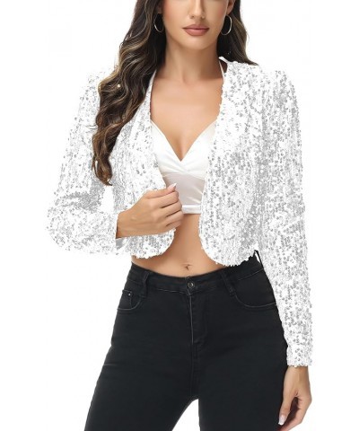 Womens Shiny Sequin Long Sleeve Cropped Blazer Bolero Shrug White $19.40 Sweaters