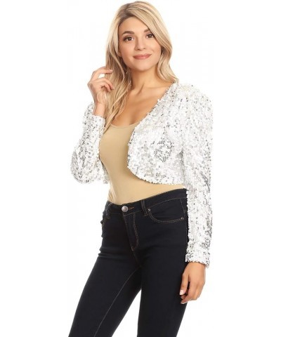 Womens Shiny Sequin Long Sleeve Cropped Blazer Bolero Shrug White $19.40 Sweaters