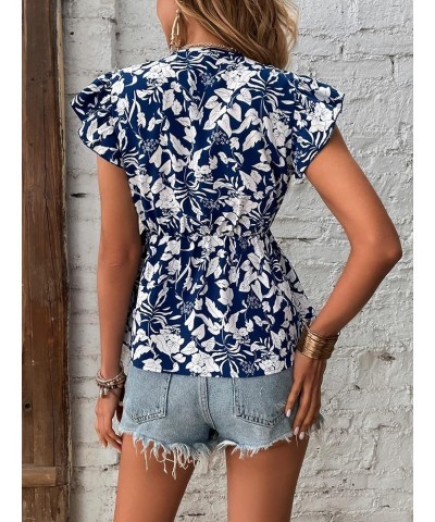 Women's Floral Print Flutter Sleeve Deep V Neck Ruffle Hem Peplum Blouse Shirt Blue and White $10.61 Blouses