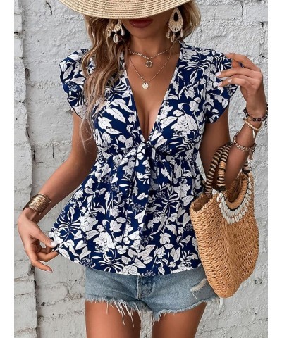 Women's Floral Print Flutter Sleeve Deep V Neck Ruffle Hem Peplum Blouse Shirt Blue and White $10.61 Blouses