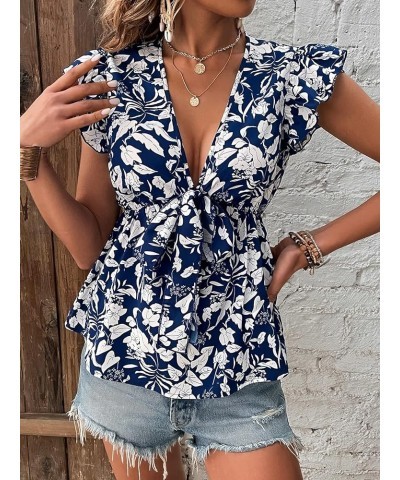 Women's Floral Print Flutter Sleeve Deep V Neck Ruffle Hem Peplum Blouse Shirt Blue and White $10.61 Blouses