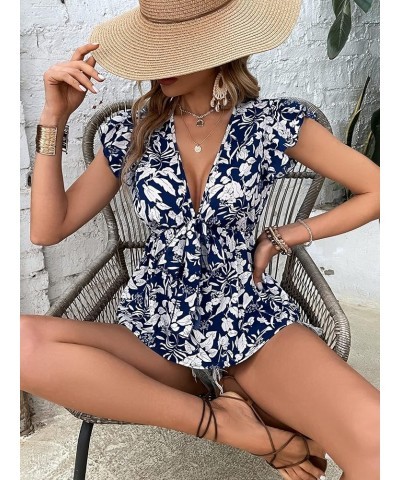 Women's Floral Print Flutter Sleeve Deep V Neck Ruffle Hem Peplum Blouse Shirt Blue and White $10.61 Blouses