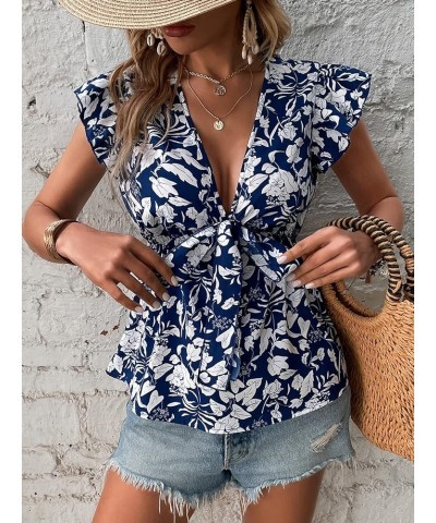 Women's Floral Print Flutter Sleeve Deep V Neck Ruffle Hem Peplum Blouse Shirt Blue and White $10.61 Blouses