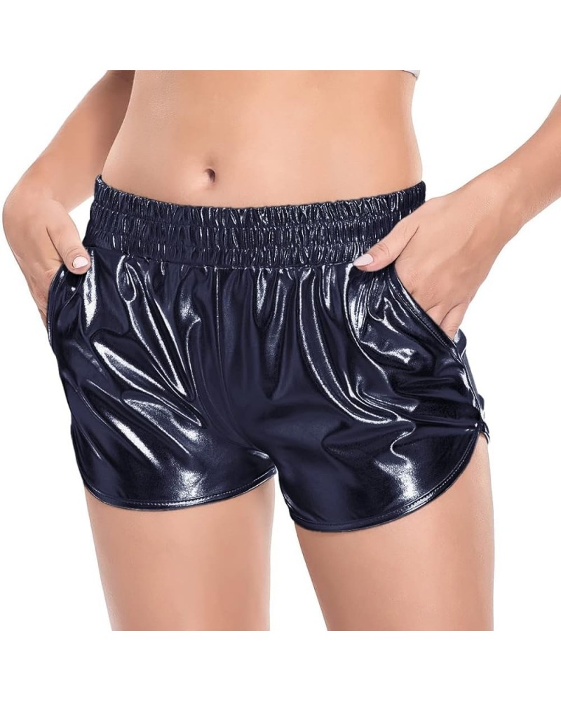 Women's Metallic Shorts Shiny Pants with Elastic Waist Hot Rave Dance Black $9.24 Activewear