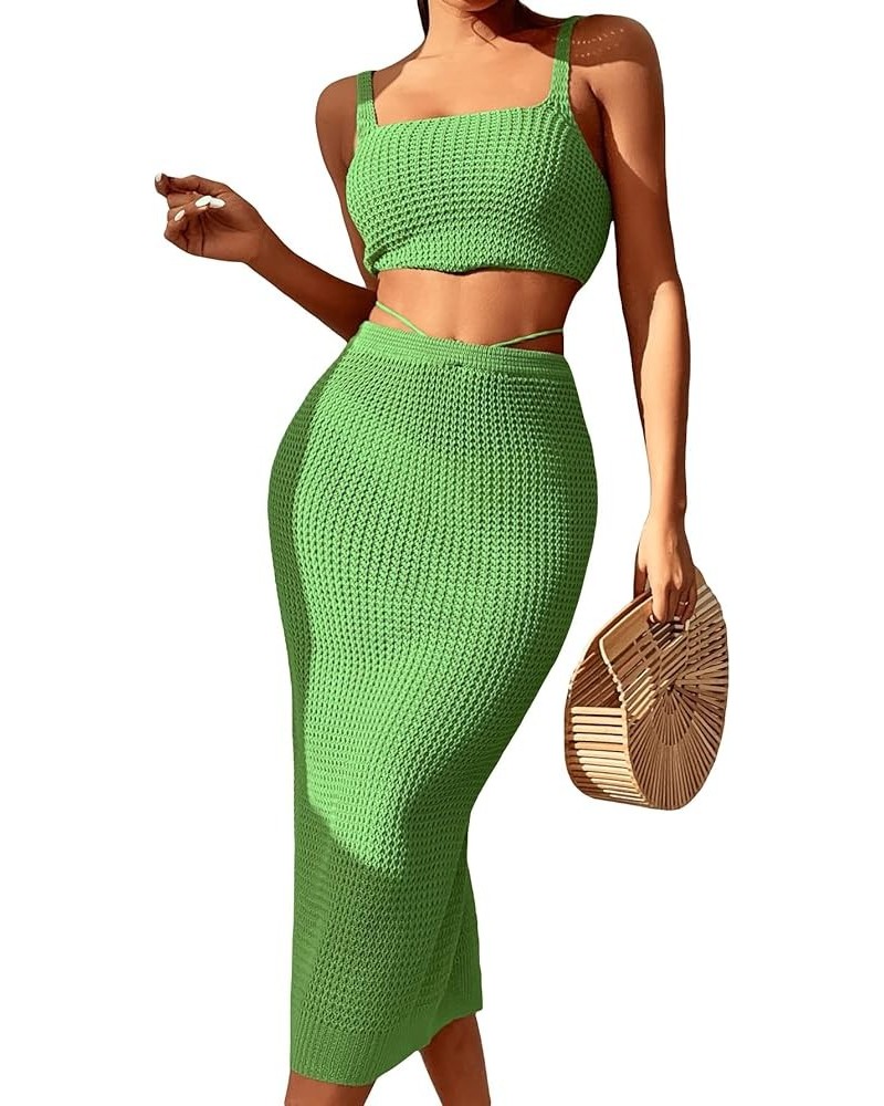 Women's Knitted Cover Up Set 2 Pieces Tank Crop Top and Split Tie Back High Waist Midi Skirt Green $20.89 Swimsuits