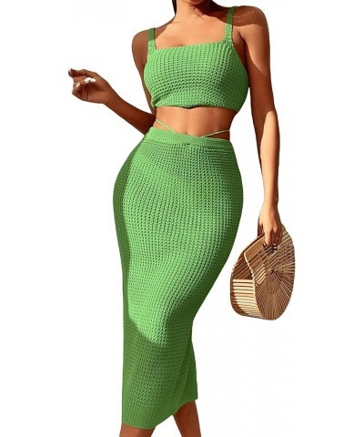 Women's Knitted Cover Up Set 2 Pieces Tank Crop Top and Split Tie Back High Waist Midi Skirt Green $20.89 Swimsuits