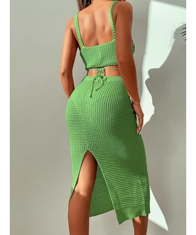 Women's Knitted Cover Up Set 2 Pieces Tank Crop Top and Split Tie Back High Waist Midi Skirt Green $20.89 Swimsuits