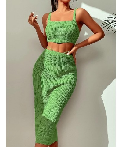 Women's Knitted Cover Up Set 2 Pieces Tank Crop Top and Split Tie Back High Waist Midi Skirt Green $20.89 Swimsuits