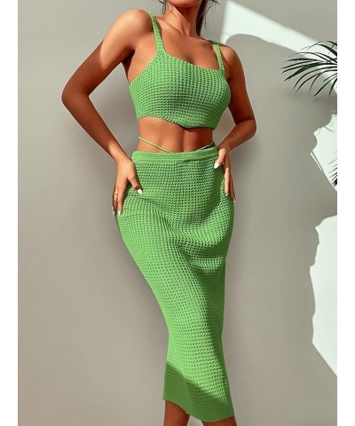 Women's Knitted Cover Up Set 2 Pieces Tank Crop Top and Split Tie Back High Waist Midi Skirt Green $20.89 Swimsuits