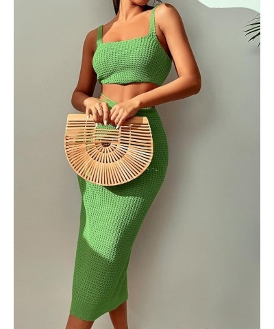 Women's Knitted Cover Up Set 2 Pieces Tank Crop Top and Split Tie Back High Waist Midi Skirt Green $20.89 Swimsuits