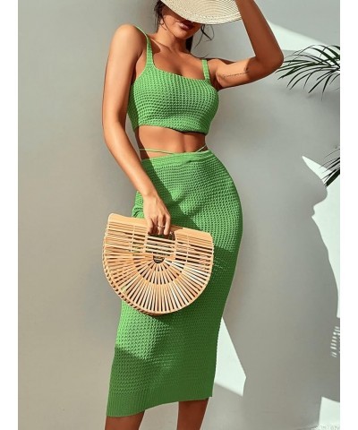 Women's Knitted Cover Up Set 2 Pieces Tank Crop Top and Split Tie Back High Waist Midi Skirt Green $20.89 Swimsuits