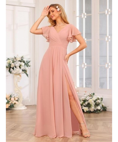 V Neck Bridesmaid Dresses for Women with Slit 2024 Flutter Sleeve Chiffon Pleats Formal Dress with Pockets YJ149 Olive Green ...